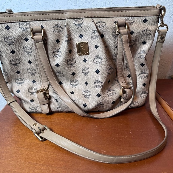 MCM Handbags - MCM Beige Visetos Coated Canvas Large Tote/ Crossbody - Two-Way Bag